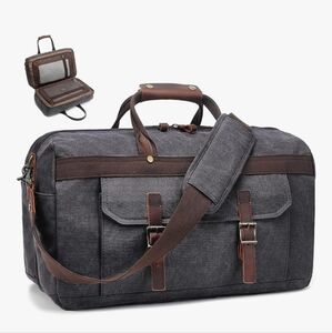 SOAEON Waterproof Genuine Leather Canvas Travel Duffel Weekender Bag Gray Brown